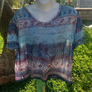 Carol little sheer v neck short sleeve blouse top blue red floral 16